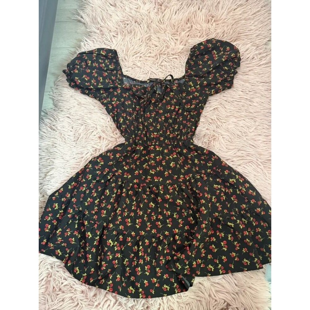 Hesperus Black & Red Floral Rose Print Puff Sleeve Mini Dress Size M #031